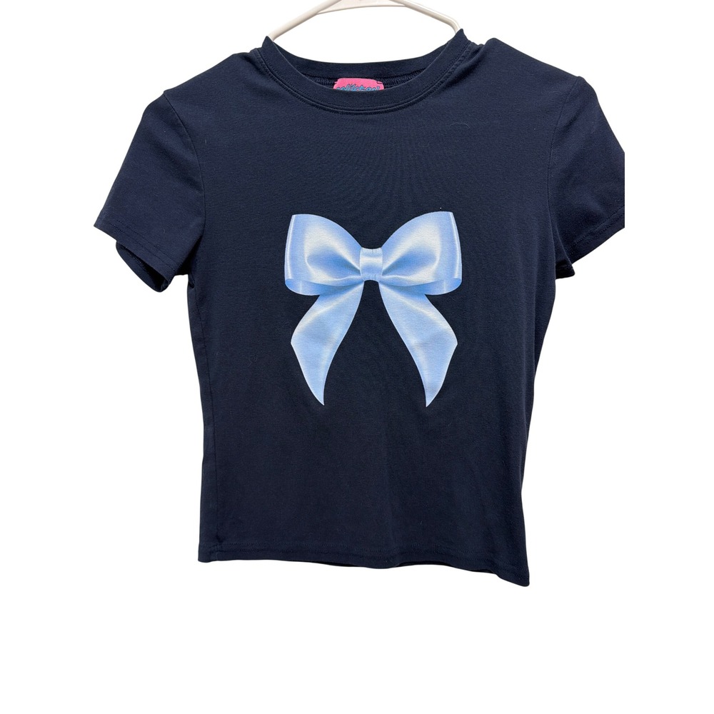 Edikted Navy Blue Baby Tee Blue Bow Graphic Short Sleeve Crop Top Small